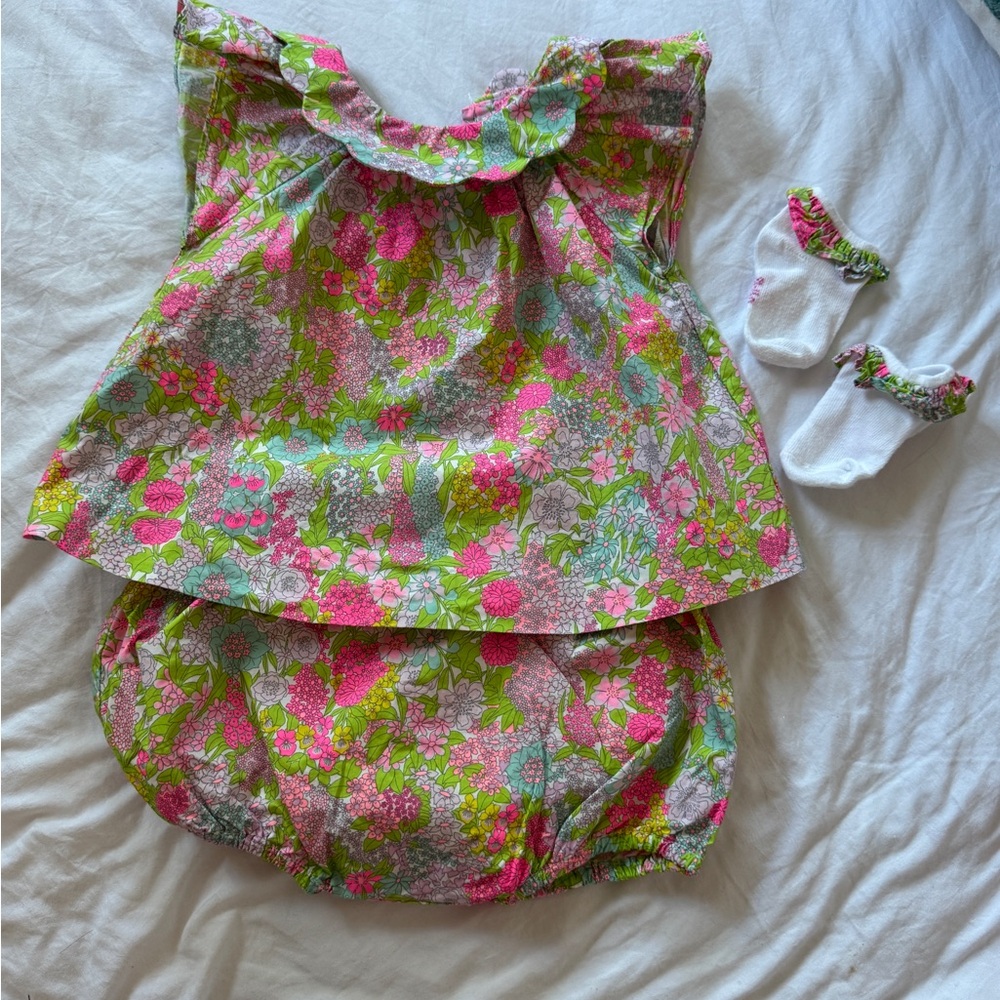 Jacadi Floral Kids Matching Set with Diaper Cover - Pink and Green